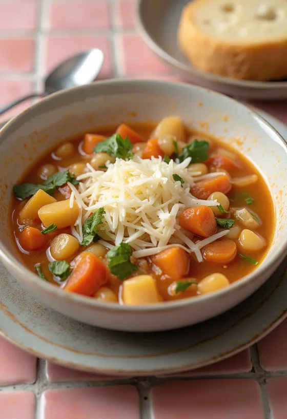 Minestrone parmezán sajttal, tálaláskor megszórva frissen reszelt sajttal