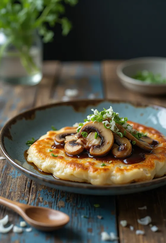 Gombával készült okonomiyaki tálalva, okonomiyaki szósszal és bonito pelyhekkel