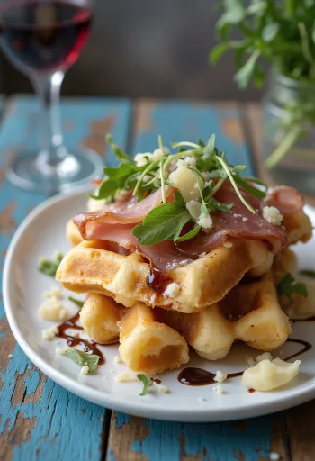 Prosciutto-s és parmezános gofri tálalva rukkolával és balzsamecettel