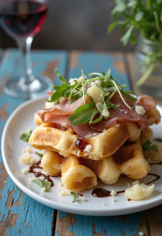 Prosciutto-s és parmezános gofri tálalva rukkolával és balzsamecettel