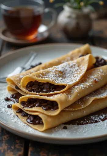 Patishapta csokoládés töltelékkel, dióval és fahéjjal tálalva