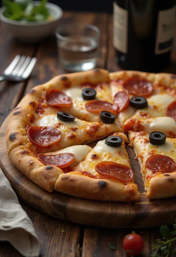 Pepperoni pizza olívabogyóval tálalva