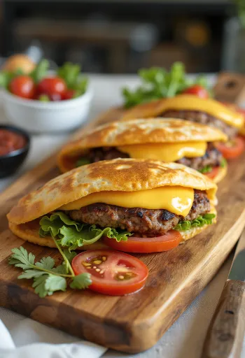 Piadina marhahúspogácsával és cheddar sajttal tálalva