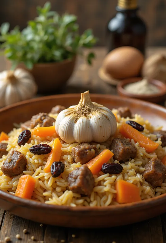 Plov mazsolával, gazdag rizsétel sárgarépával és fűszerekkel