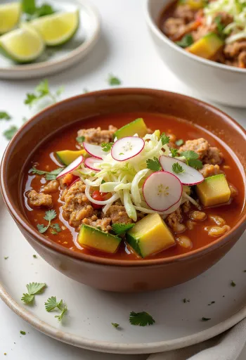 Pozole sin maíz tálalva lime és koriander díszítéssel