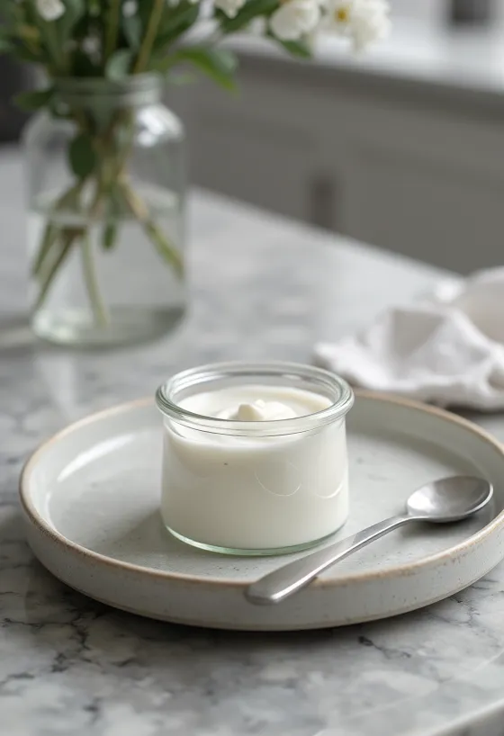 Probiotikus alacsony zsírtartalmú joghurt fehér tálban, selymes állaggal