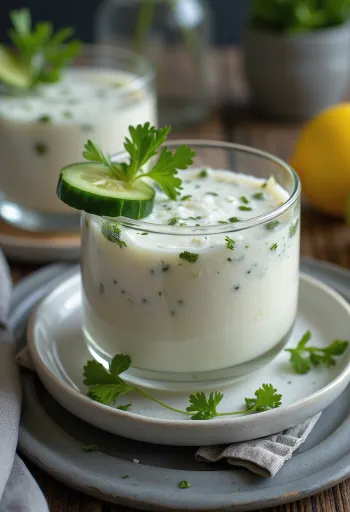 Probiotikus friss fűszeres kefir, uborkával, korianderrel és mentával díszítve
