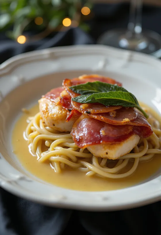 Saltimbocca prosciuttóval, tálalva