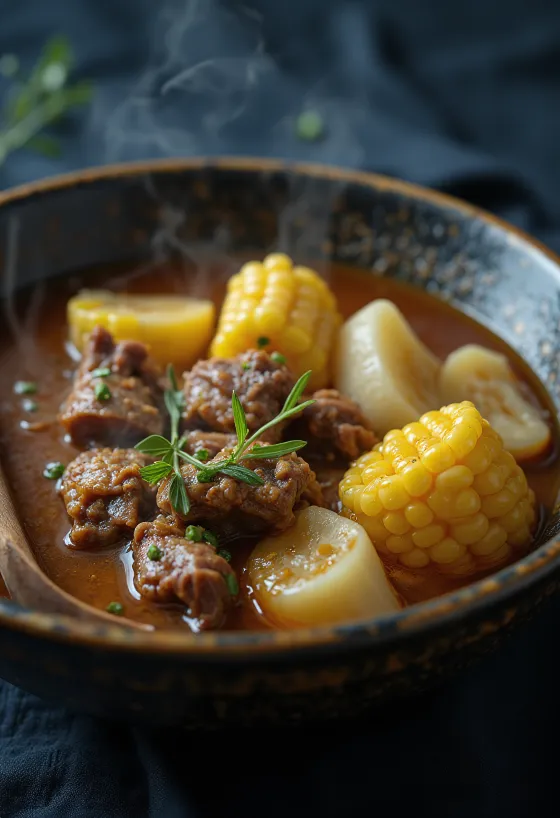 Sancocho de res marhahússal és gyökérzöldségekkel, frissen tálalva