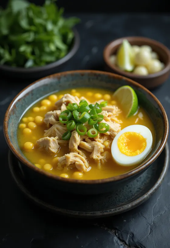 Soto ayam csírával tálalva, lime szeletekkel és zöldhagymával