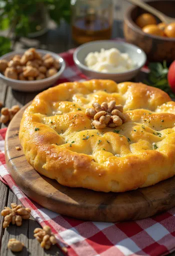 Tiganopsomo feta és dióval tálalva friss petrezselyemmel