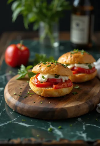 Tiganopsomo feta és sült piros paprikával, tálalva friss kenyérrel és ropogós feta sajttal.