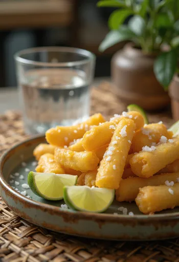 Yuca frita sóval és lime-mal, ropogós sült yuca tálalva