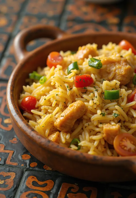Arroz carreteiro csirkével – brazil rizses egytálétel zöldségekkel és pirított csirkedarabokkal tálalva