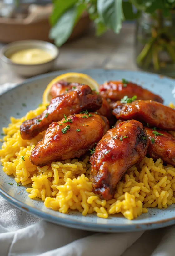 BBQ csirkeszárnyak fűszeres rizzsel tálalva