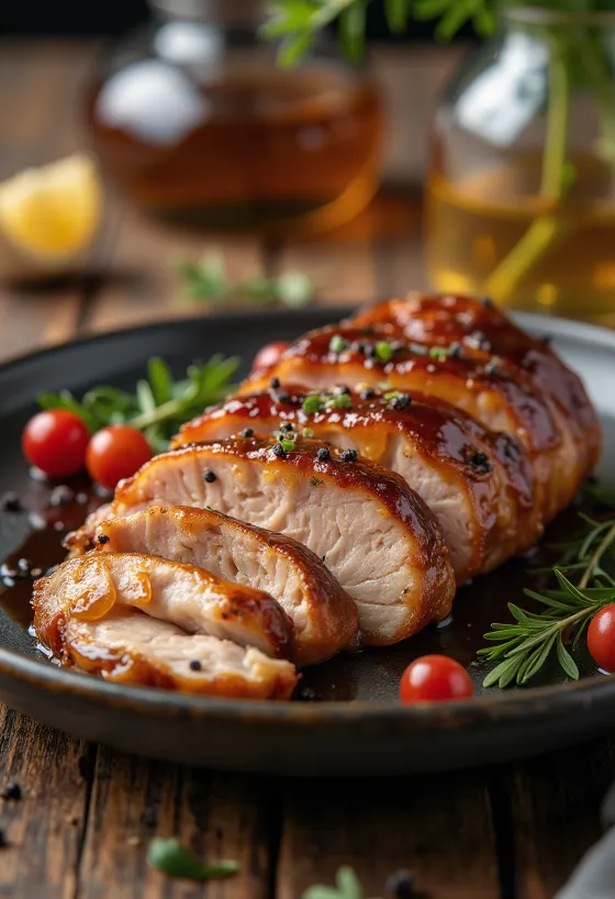 BBQ sertéskaraj mézes-glazúrral tálalva