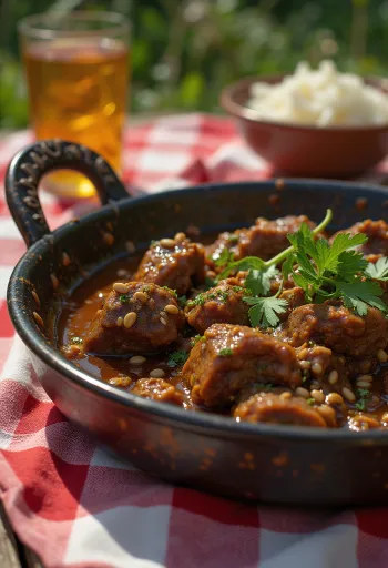 Bhuna Beef köménnyel tálalva, gazdag fűszeres curry, marhahússal és friss korianderrel