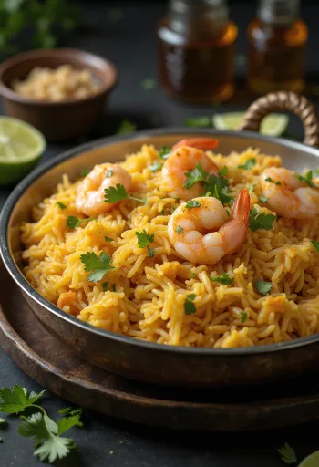 Biryani garnélával, fűszeres indiai étel