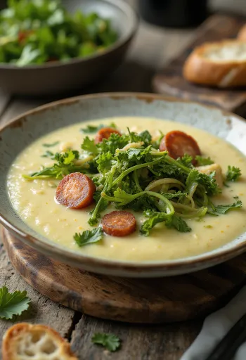 Caldo Verde fehérborral, gazdag és ízletes portugál leves tálalva