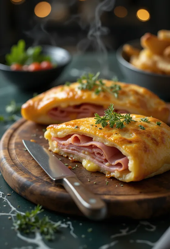Calzone sonkával, aranybarna kérgű, mozzarellával és sonkával töltve