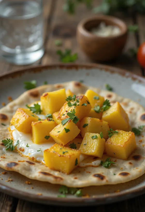 Chapati sült padlizsánnal, frissen sütve, tálalva