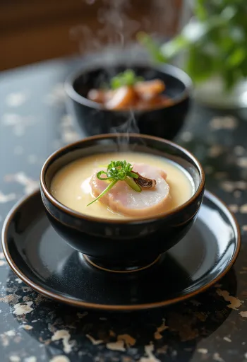 Chawanmushi kamabokóval, japán tojásos étel halpürével és gombával