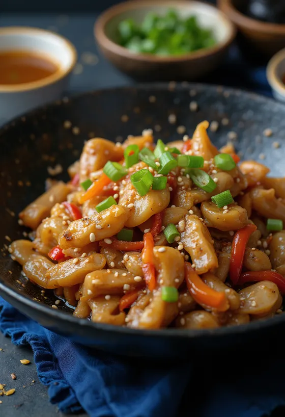 Crocodile stir-fry served with rice and vegetables.