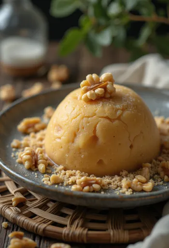 Dióval töltött kulfi fapálcikán, krémes és fagyott állagú desszertként tálalva