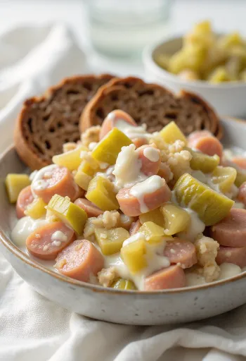 Falukorv savanyú uborkával és tejföllel, friss kaporral