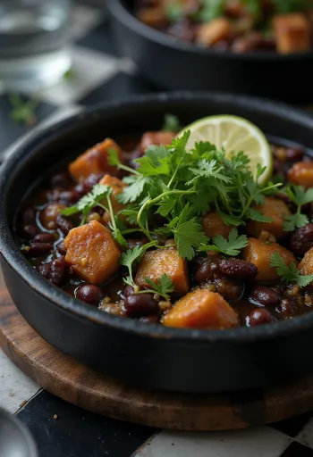 Feijoada gluténmentes, tálalva friss korianderrel és citrommal