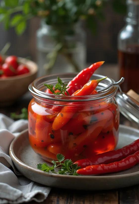 Fűszeres savanyított piros paprika csíkok üvegben tálalva