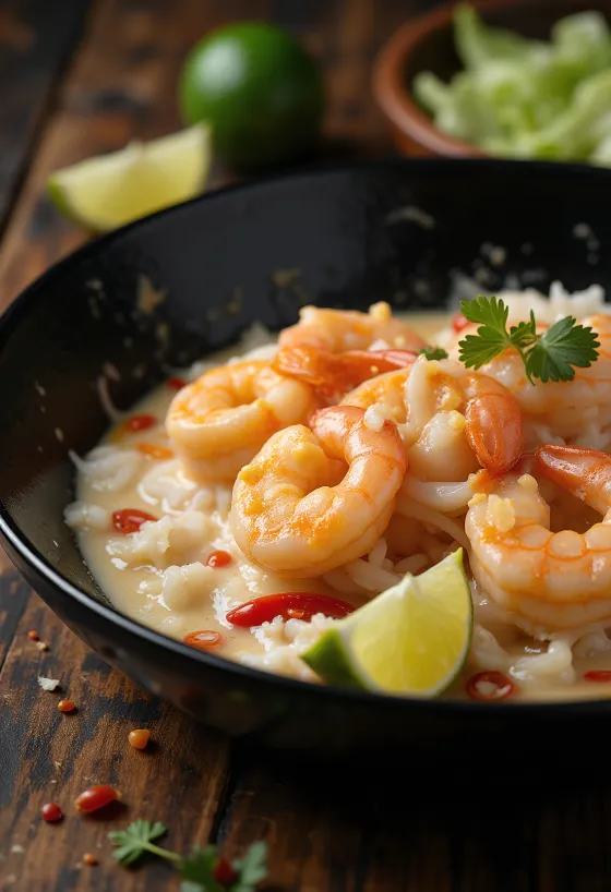 Garnélás Bicol Express, egy fűszeres kókusztejes leves, garnélával és friss zöldségekkel tálalva
