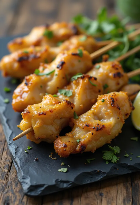 Gyömbéres satay, grillezett csirke nyársak gyömbéres pácban