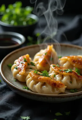 Gyoza gombóc csirkével, finom és fűszeres, frissen készült