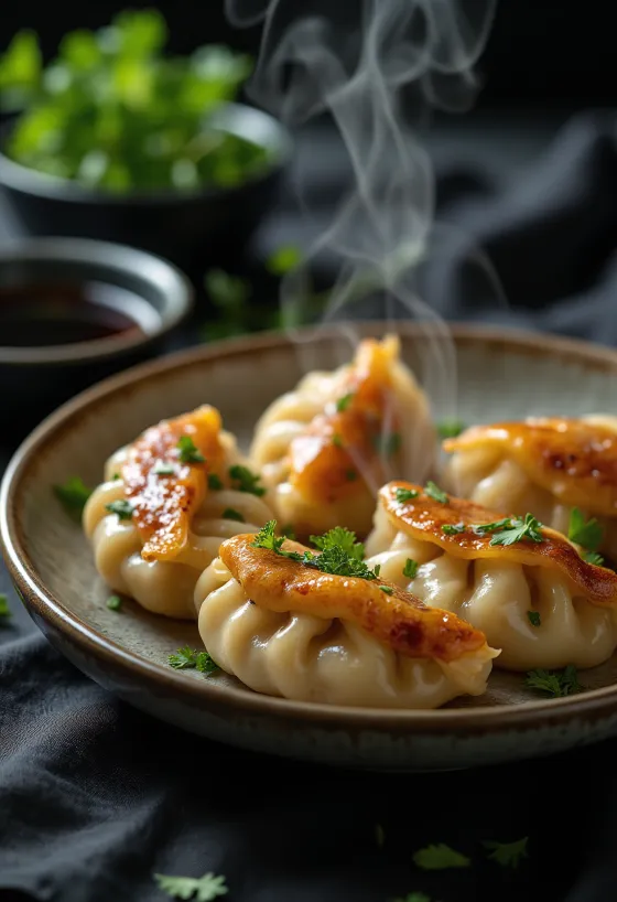 Gyoza gombóc csirkével, finom és fűszeres, frissen készült