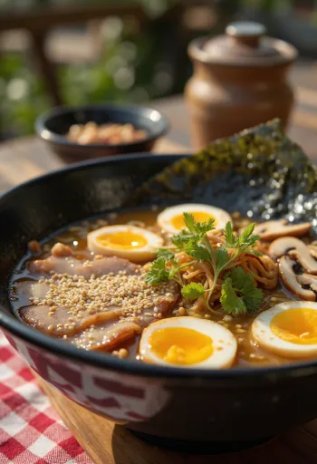 Kagoshima ramen sertés és csirke alaplével tálalva chashu hússal és tojással