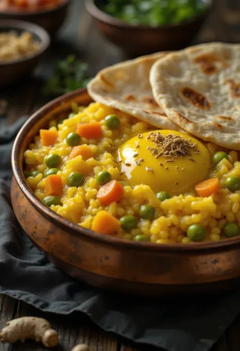 Khichdi masala fűszerekkel, rizses és dhalos egytálétel, zöldségekkel és fűszerekkel tálalva