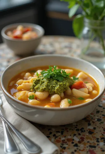 Minestrone leves pestóval tálalva, színes zöldségekkel és tésztával egy mélytányérban