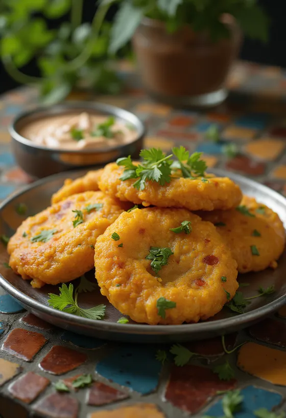 Moong dal vada tálalva, ropogós és aranybarnára sült