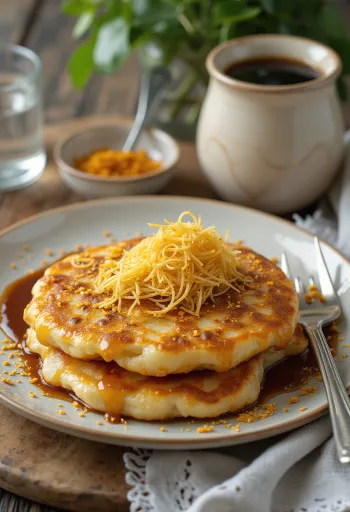 Gyömbérrel készült okonomiyaki tálalva, okonomiyaki szósszal és bonito pelyhekkel