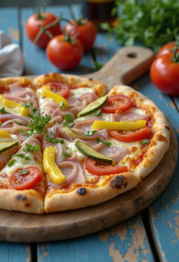Sonkás-zöldséges pizza mozzarellával és bazsalikommal