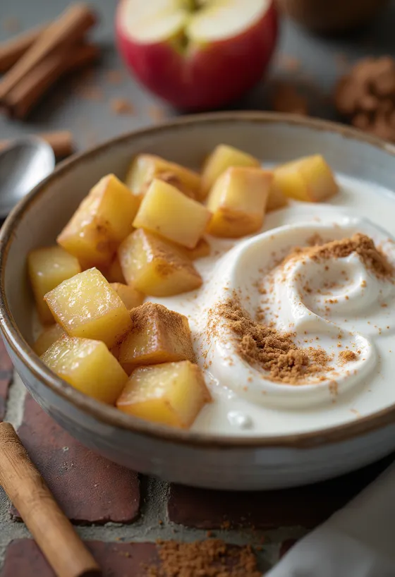 Probiotikus almás joghurt krémes állagban, gyümölcsdarabokkal fehér tálban tálalva