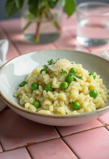 Krémes rizottó zöldborsóval és parmezán sajttal, fehér tányérban tálalva