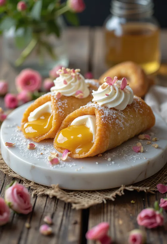 Rózsás-mézes cannoli tálalva