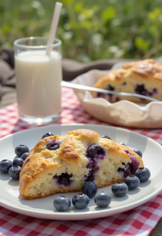 Scone áfonyával, friss teával tálalva, puha és aranybarna