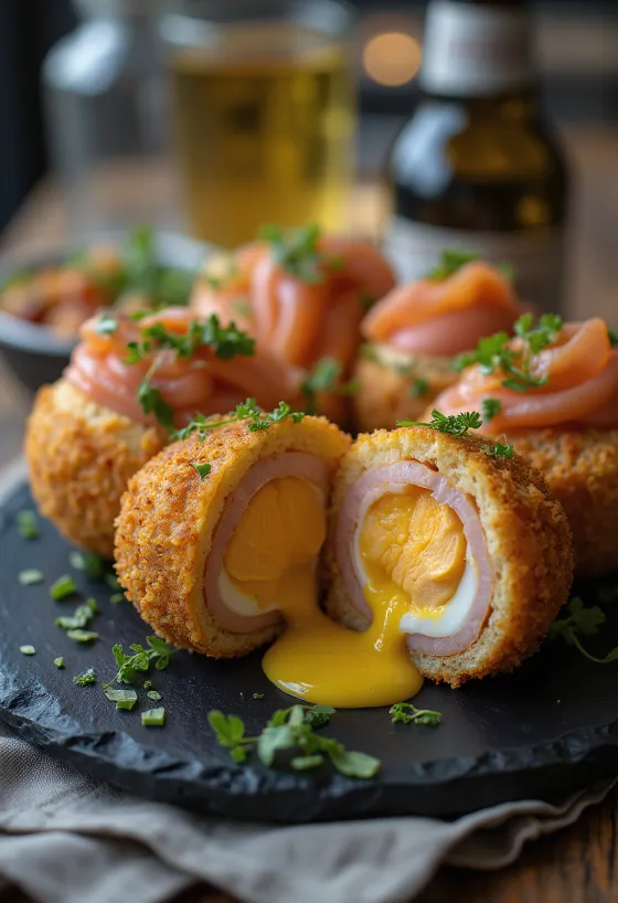 Scotch egg füstölt lazaccal tálalva