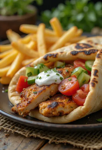 Shawarma tálalva pita kenyérrel és friss zöldségekkel