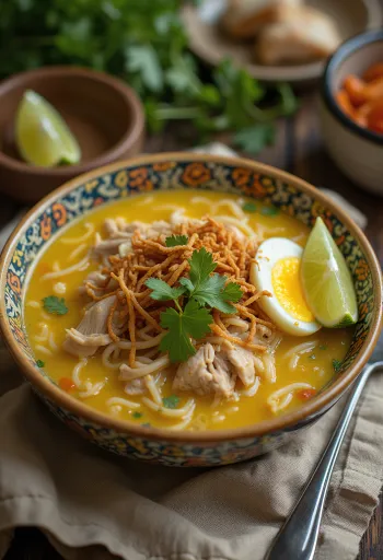 Soto Lamongan csirkeleves rántott hagymával, friss korianderrel tálalva