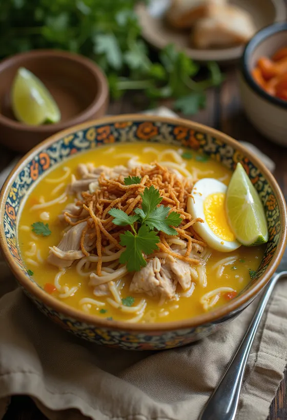 Soto Lamongan csirkeleves rántott hagymával, friss korianderrel tálalva