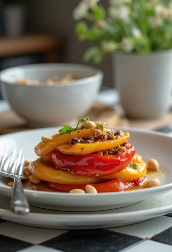 Sült paprika saláta balzsamecetes öntettel és pirított fenyőmaggal tálalva.